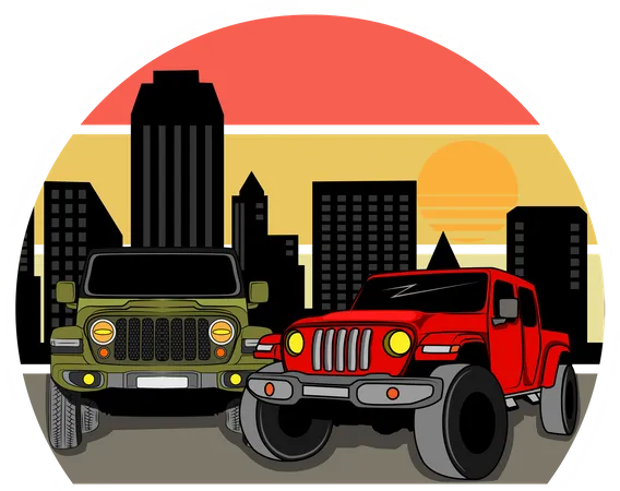 Jeep Gang Retro Design Landscape Illustration