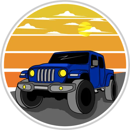 Blue Jeep Hunter Sunset Retro Design Landscape Illustration