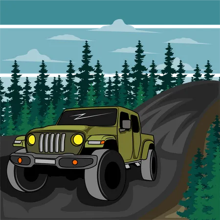 Jeep Going On Vacation Retro Design Landscape Illustration