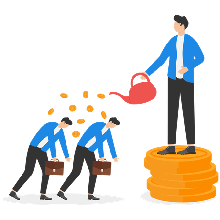 Un empresario jefe vierte dinero de una regadera a los trabajadores cansados  Ilustración