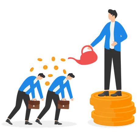 Un empresario jefe vierte dinero de una regadera a los trabajadores cansados  Ilustración