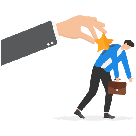 La mano del jefe le da una estrella a un empleado masculino desmotivado  Ilustración