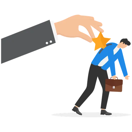 La mano del jefe le da una estrella a un empleado masculino desmotivado  Ilustración