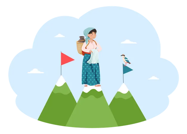 Mulher da ilha de Jeju em pé no topo da montanha  Ilustração