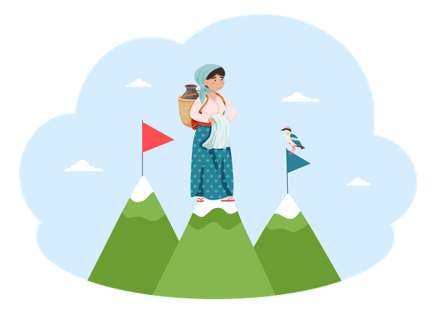 Femme de l'île de Jeju debout au sommet d'une montagne  Illustration