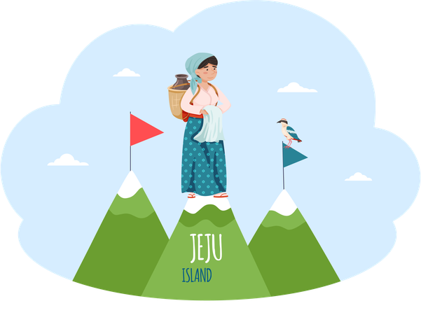 Jeju island invitation card Mountaine landscape of south asian country with woman on top of hill  Illustration