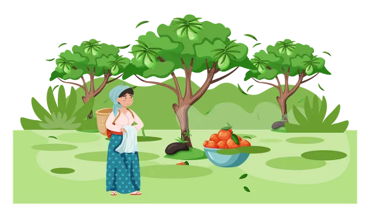 Jeju woman standing fruit tree  Illustration