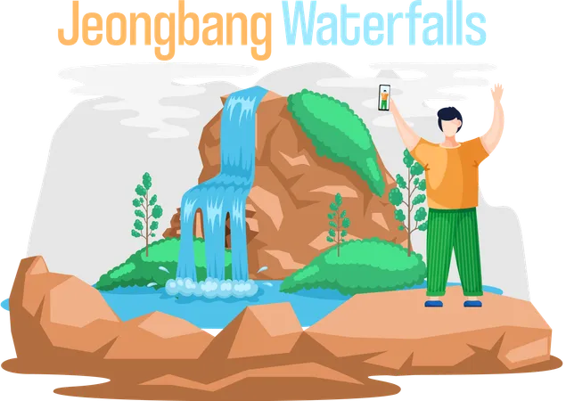 Jeongbang Waterfall famous landmark of Jeju Island in south Korea  Illustration