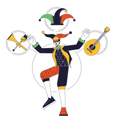 Jester Person Archetype Flat Line Concept Vector Hero Illustration Joker Entertains With Musical Instrument 2 D Cartoon Outline Character On White For Web UI Design Editable Isolated Color Hero Image Illustration