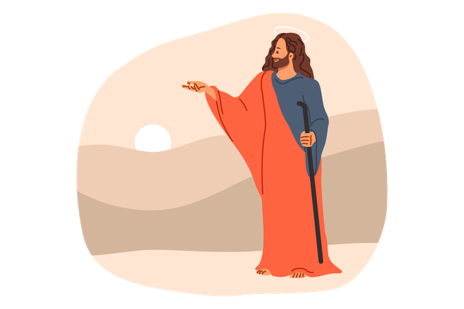 Jesucristo de la Biblia y la religión cristiana se encuentra cerca de las colinas y el atardecer dando palabras de despedida.  Illustration