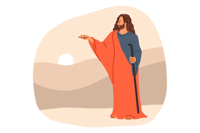 Jesucristo de la Biblia y la religión cristiana se encuentra cerca de las colinas y el atardecer dando palabras de despedida.  Illustration