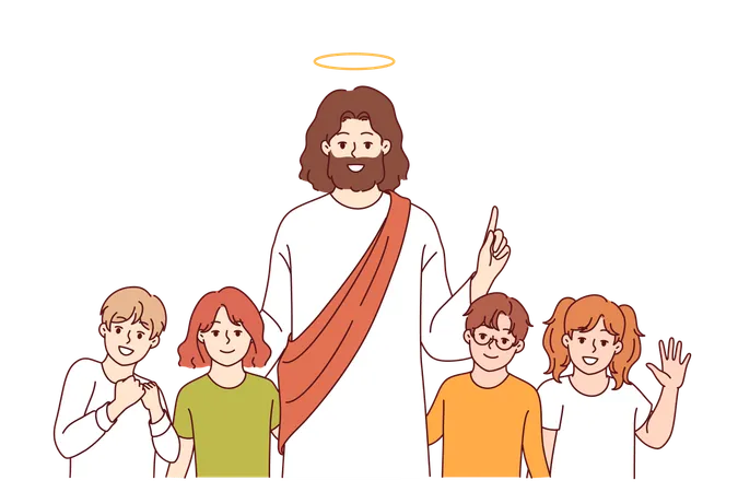 Jesucristo sonríe de pie con los niños y predicando bondad a los seguidores de la religión cristiana.  Ilustración