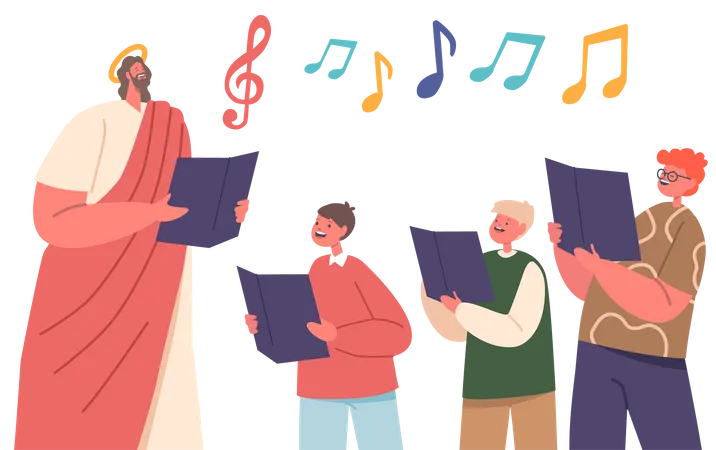 Jesus And Children Gathered Holding Musical Notes In Their Hands Singing Harmonious Chorals With Joy And Devotion Creating A Heartwarming Scene Of Faith And Innocence Cartoon Vector Illustration イラスト