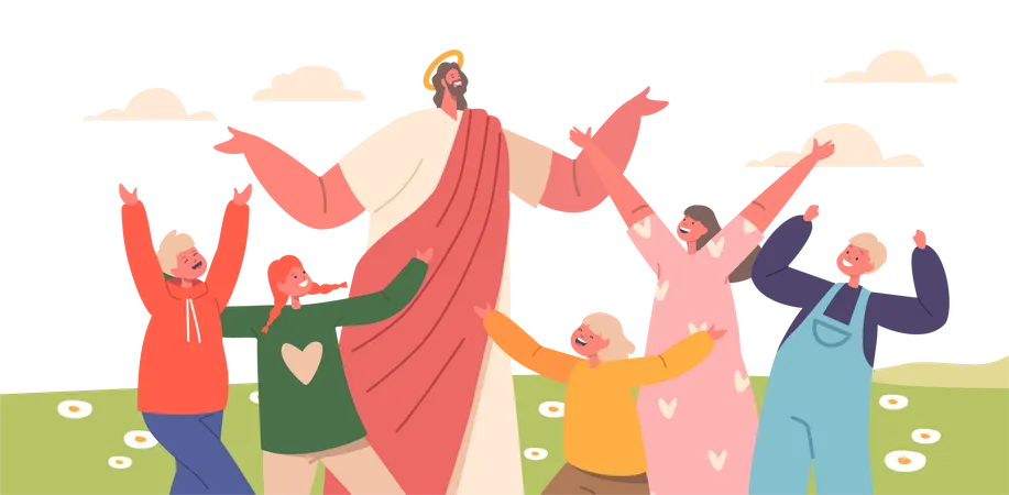 Jesus And Children Playing And Celebrating In A Beautiful Field With Laughter Joy And Pure Happiness Son Of God And Little Kids Characters Rejoice Together Cartoon People Vector Illustration Illustration