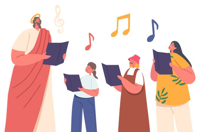 Jesus And Children Sing Chorals With Notes In Hands  イラスト