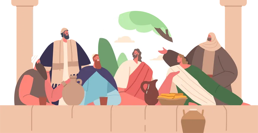 Jesus Last Supper Scene Depicted Jesus And His Disciples Biblical Characters Gathered Around A Table Sharing A Meal Bread And Wine Before His Crucifixion Cartoon People Vector Illustration イラスト
