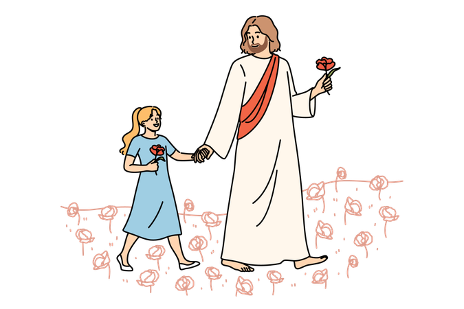 Jesus caminhando com menina  Ilustração