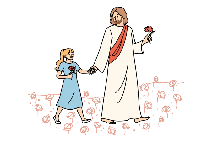 Jesus caminhando com menina  Ilustração