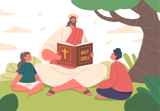 Jésus assis sur le terrain et partageant des histoires intemporelles  Illustration