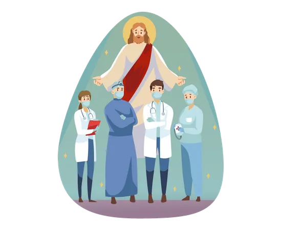 Jesús bendiciones para el personal médico.  Ilustración