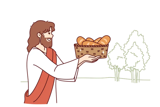 Jesus Carries Bread In Basket Fulfilling Biblical Prediction From Christian Religion About Second Coming Holy Jesus Wants To Feed People And Save Starving Catholic And Orthodox Believers Illustration
