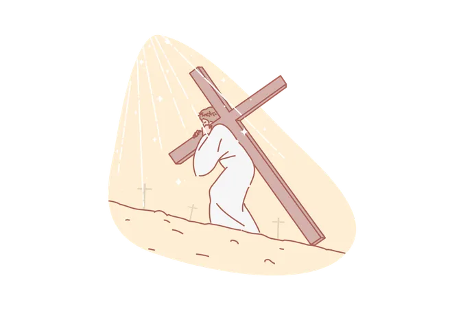 Jesus Christ Bible Religion Christianity Concept Jesus Carrying Cross Road To Calvary Messiah Shouldering Rood Torment And Salvation Christianity Symbol Humanity Expiation Simple Flat Vector イラスト