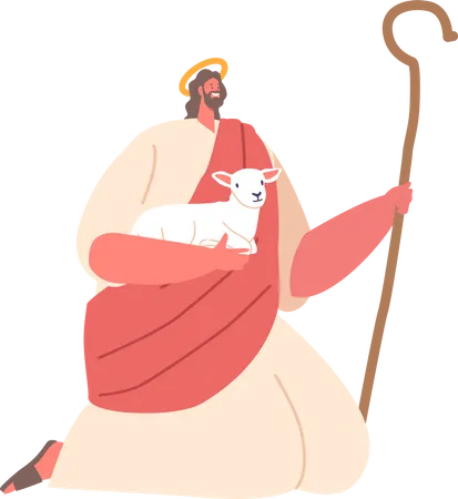 Powerful Image Of Jesus Character As The Shepherd Tenderly Holding Sheep And Staff In His Hands Symbolizing His Loving Care And Guidance For His Followers Cartoon Vector Illustration Illustration