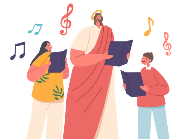 Jesus Character Surrounded By Joyful Children Singing Chorals With Notes In Their Hands A Heartwarming Scene Capturing Innocence Faith And The Power Of Music Cartoon People Vector Illustration Illustration