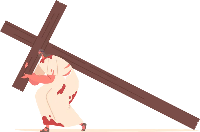 Jesus Christ Character Burdened With The Weight Of The Cross Walks With Determination Embodying Sacrifice Love And The Ultimate Act Of Redemption For Humanity Cartoon People Vector Illustration Illustration