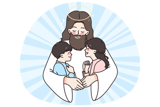 Jésus-Christ fait des câlins aux petits enfants et leur donne de l'amour et des soins  Illustration