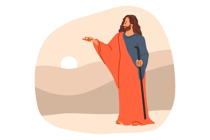Jesus Christ From Bible And Christian Religion Stands Near Hills And Sunset Giving Parting Words To Followers Messiah Of Catholic Faith Jesus With Kind Expression On Face Extends Hand Forward Illustration