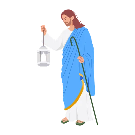 Jesus christ holding lantern and stick  Illustration