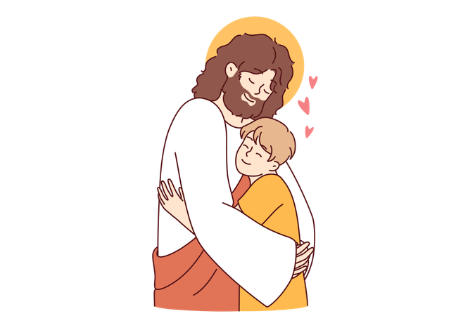 Jesus christ hugs child and demonstrating example of love and care for one neighbour.  Illustration