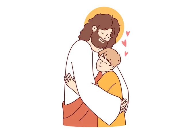 Jesus christ hugs child and demonstrating example of love and care for one neighbour.  Illustration