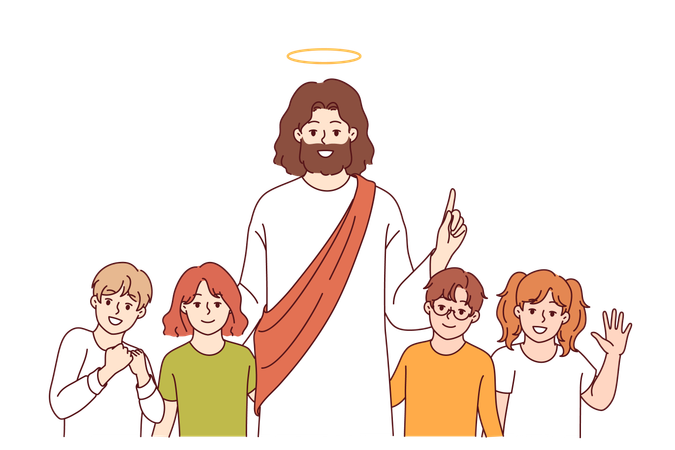 Jesus Christus lächelt und steht mit Kindern zusammen und predigt den Anhängern der christlichen Religion Güte  Illustration