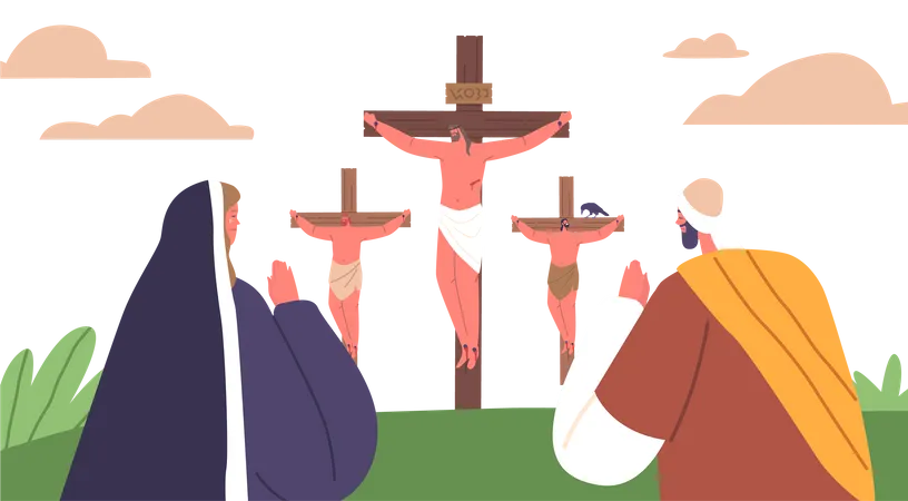 Jesus Crucifixion A Profound Biblical Scene Depicting Jesus Sacrifice Crucified On The Cross With Crying Followers Praying Symbolizing Redemption And Love Cartoon People Vector Illustration Illustration