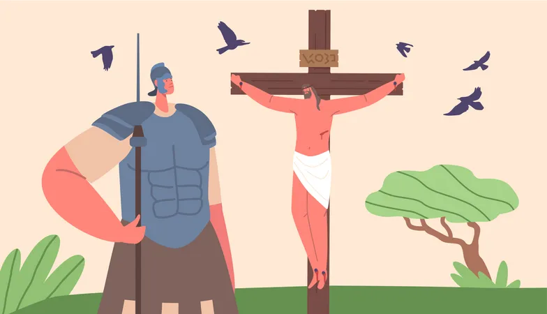 Jesus Crucifixion Solemn Biblical Scene With Jesus Character On The Cross While A Soldier Stands Nearby Witnessing The Momentous Event Sacrifice And Salvation Cartoon People Vector Illustration Illustration