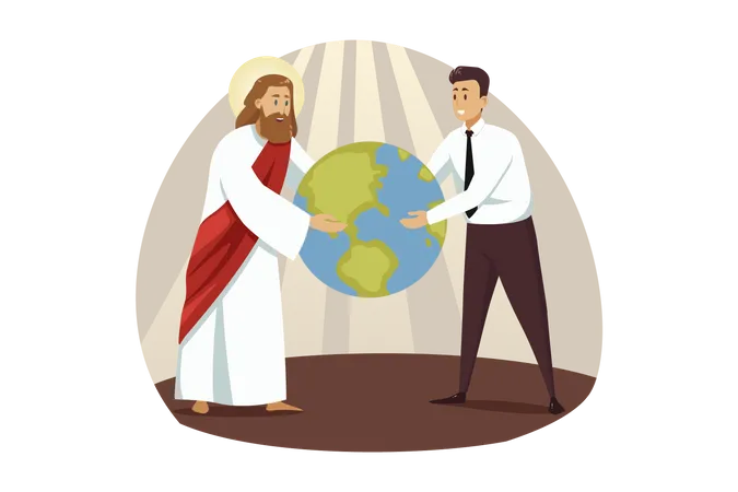 Jesús dando globo al empresario  Ilustración