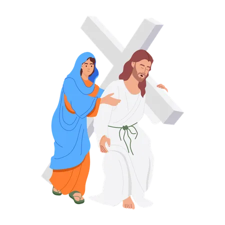 Jesus, die Mutter Jesu Christi, begegnet ihm und trägt das Kreuz  Illustration