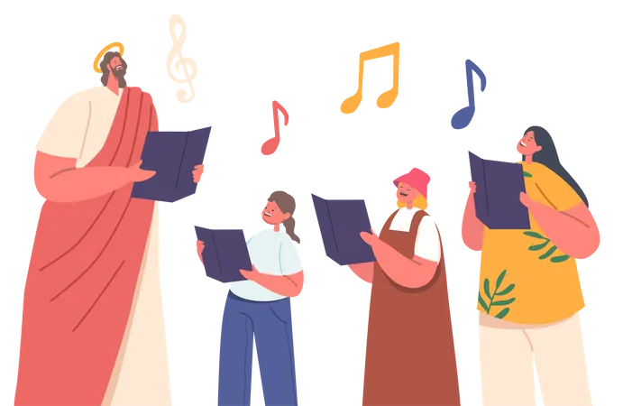 Jesus e crianças cantam corais com notas nas mãos  Ilustração