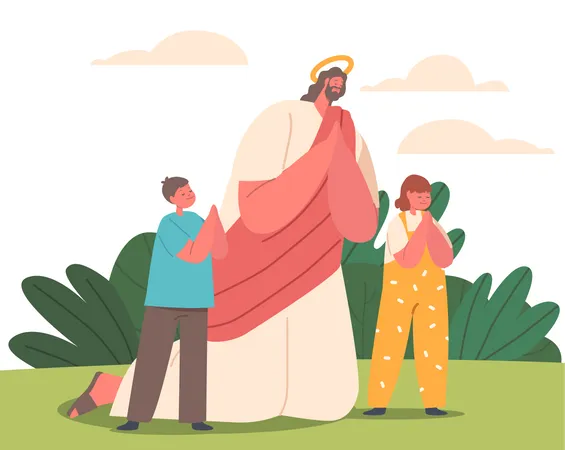 Jesus e personagens fofinhos de crianças orando em um prado sereno de verão  Ilustração
