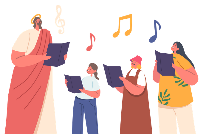 Jésus et les enfants chantent des chorales avec des notes en mains  Illustration