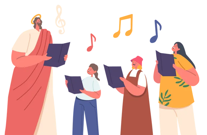 Jésus et les enfants chantent des chorales avec des notes en mains  Illustration