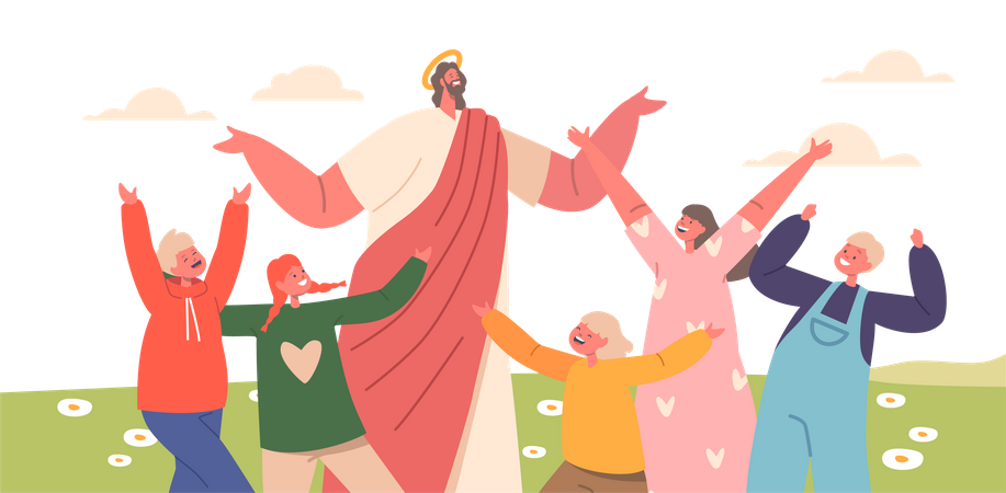 Jésus et les enfants jouent et célèbrent  Illustration
