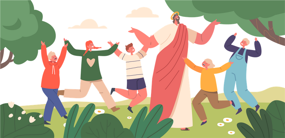 Jésus et les enfants sur un champ ensoleillé  Illustration