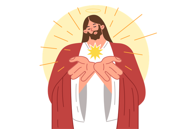Jesus from christian religion demonstrates light emanating from palms by bowing head  Illustration