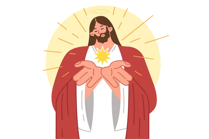 Jesus From Christian Religion Demonstrates Light Emanating From Palms By Bowing Head With Halo Catholic Or Orthodox Mission Jesus Manifests Miracle Described In Bible For Believers Illustration
