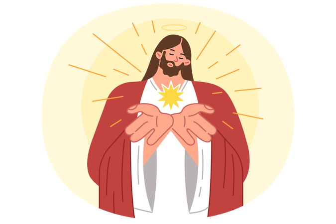 Jesus from christian religion demonstrates light emanating from palms by bowing head with halo  Illustration
