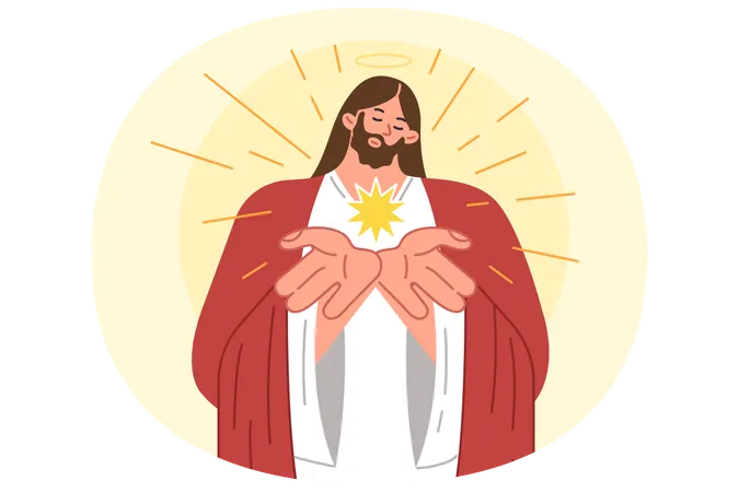 Jesus from christian religion demonstrates light emanating from palms by bowing head with halo  Illustration
