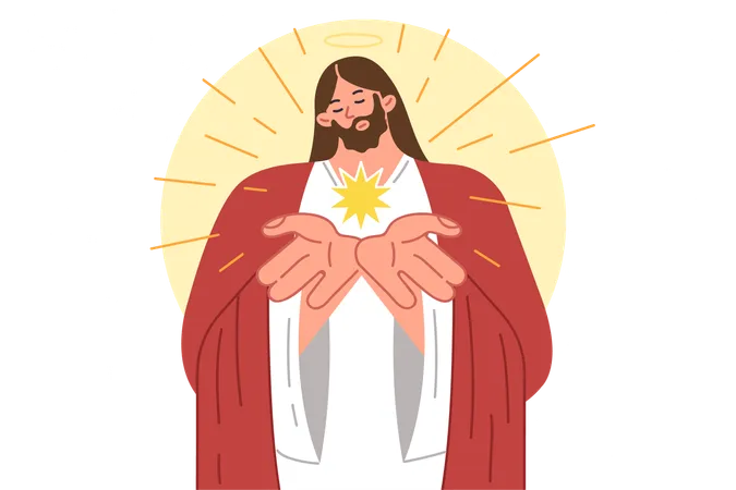 Jesus from christian religion demonstrates light emanating from palms by bowing head  Illustration